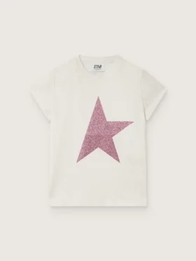 Star-skjorta för flickor i vit bomullsjersey med rosa glitterstjärna