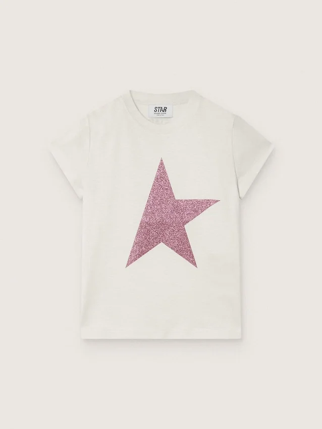 Star-skjorta för flickor i vit bomullsjersey med rosa glitterstjärna