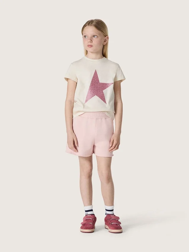 Star-skjorta för flickor i vit bomullsjersey med rosa glitterstjärna