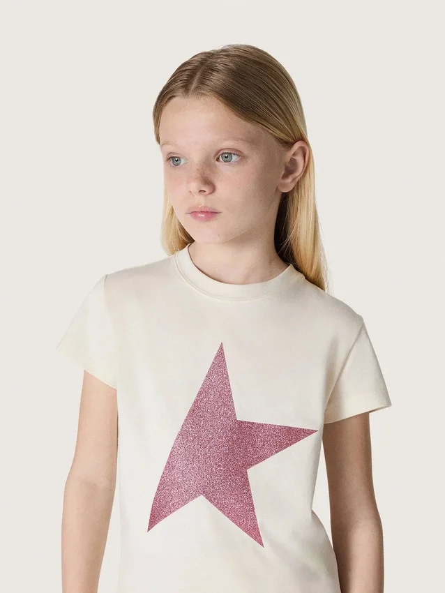 Star-skjorta för flickor i vit bomullsjersey med rosa glitterstjärna