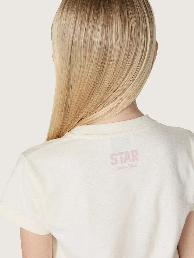 Star-skjorta för flickor i vit bomullsjersey med rosa glitterstjärna