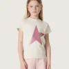 Star-skjorta för flickor i vit bomullsjersey med rosa glitterstjärna