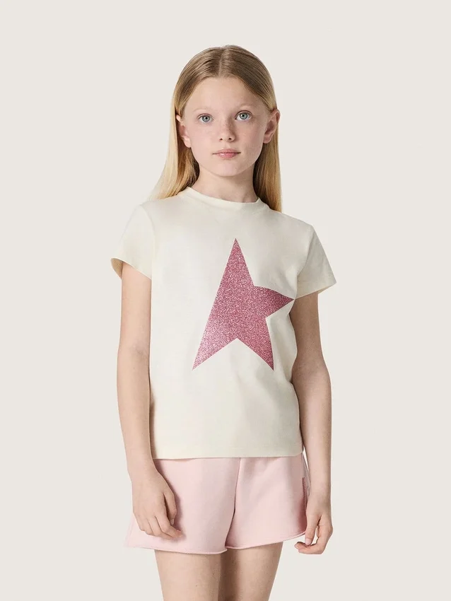 Star-skjorta för flickor i vit bomullsjersey med rosa glitterstjärna