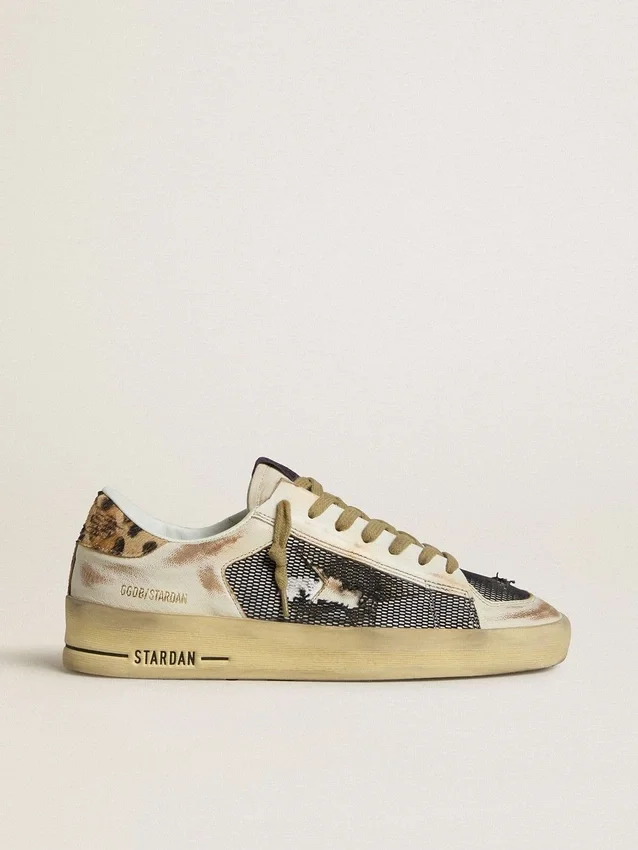 Stardan för dam i nappa och mesh med hälflik i ponnyskinn med leopardmönster