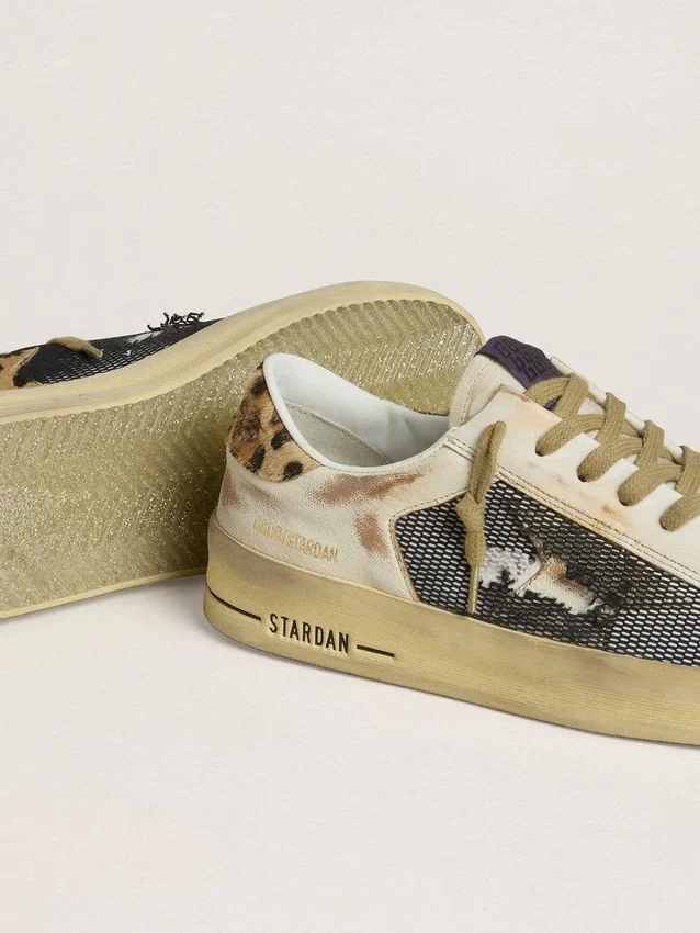 Stardan för dam i nappa och mesh med hälflik i ponnyskinn med leopardmönster