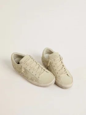 Super-Star för dam i beige mocka med pärlor och Swarovski-kristaller
