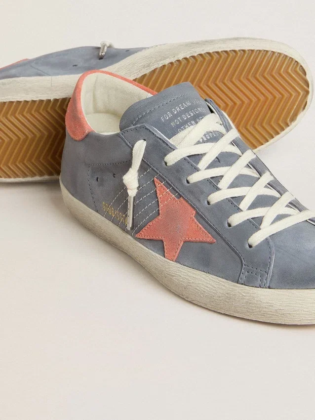 Super-Star för dam i blå nubuck med rosa stjärna och hälflik i mocka