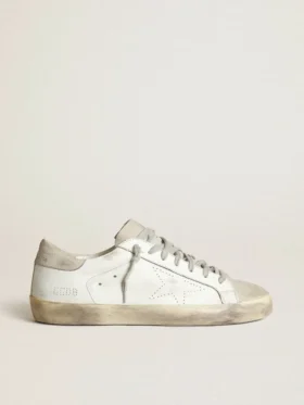 Super-Star för dam i vitt läder med perforerad stjärna och beige hälflik i nubuck