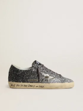 Super-Star för dam med glitteröverdel och silvermetallisk läderstjärna