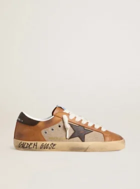 Super-Star LTD för herr i beige ull med brun läderstjärna och kamelfärgade insatser
