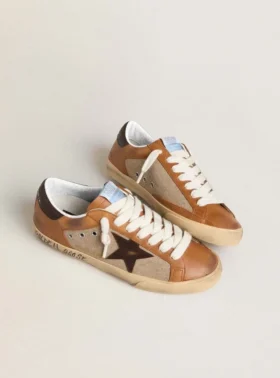 Super-Star LTD för herr i beige ull med brun läderstjärna och kamelfärgade insatser