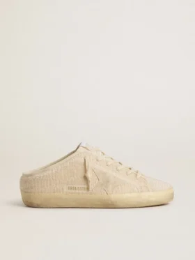 Super-Star Sabot för dam i beige canvas med broderade pärlor och en stjärna i beige mocka