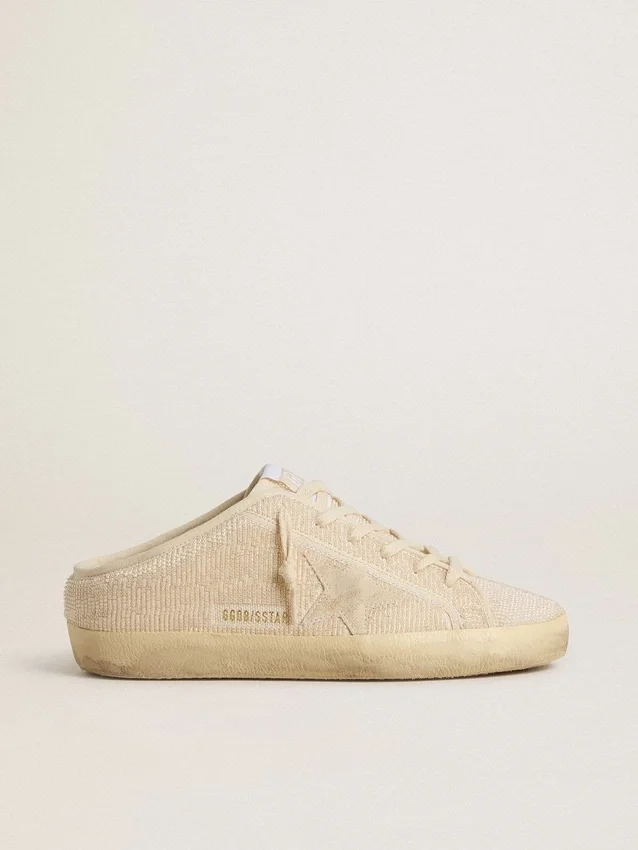 Super-Star Sabot för dam i beige canvas med broderade pärlor och en stjärna i beige mocka