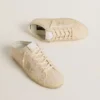 Super-Star Sabot för dam i beige canvas med broderade pärlor och en stjärna i beige mocka