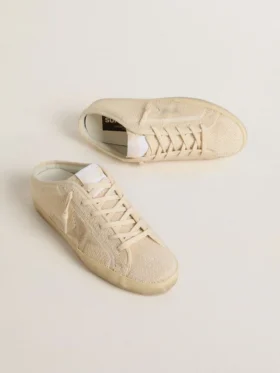 Super-Star Sabot för dam i beige canvas med broderade pärlor och en stjärna i beige mocka