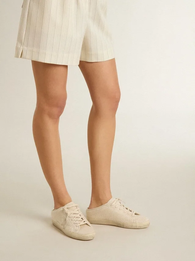 Super-Star Sabot för dam i beige canvas med broderade pärlor och en stjärna i beige mocka