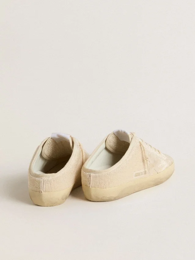 Super-Star Sabot för dam i beige canvas med broderade pärlor och en stjärna i beige mocka