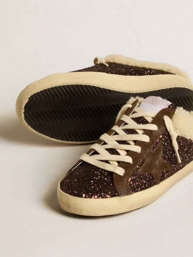 Super-Star Sabot i glitter med brun stjärna och foder i fårskinn
