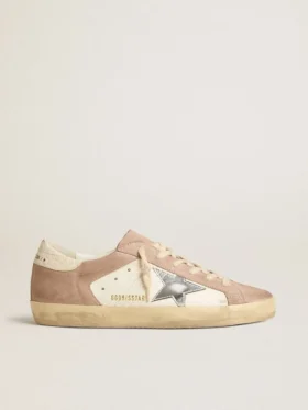 Super-Star-sneakers för damer i rosa mocka med stjärna i silvermetalliskt läder