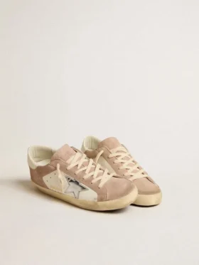 Super-Star-sneakers för damer i rosa mocka med stjärna i silvermetalliskt läder