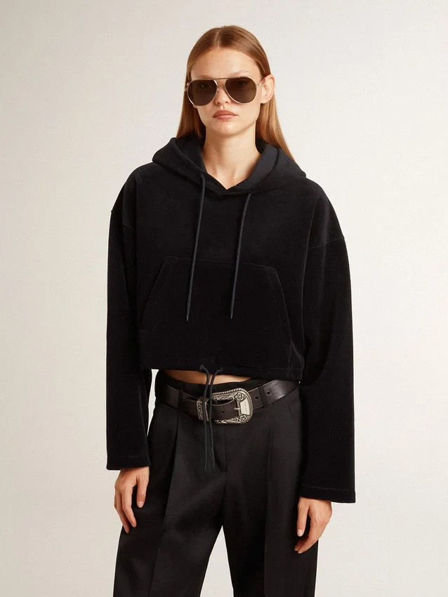 Svart chenille-sweatshirt för damer med broderi på ryggen