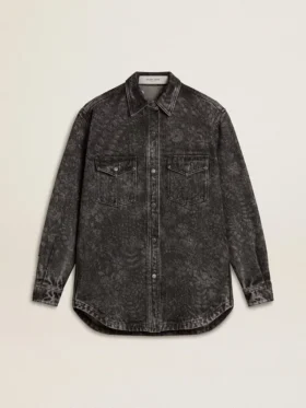 Svart denimskjorta för damer med ton-i-ton-blommönster