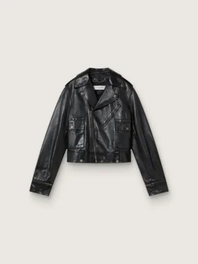 Svart läderjacka i biker-stil för damer med glansig effekt