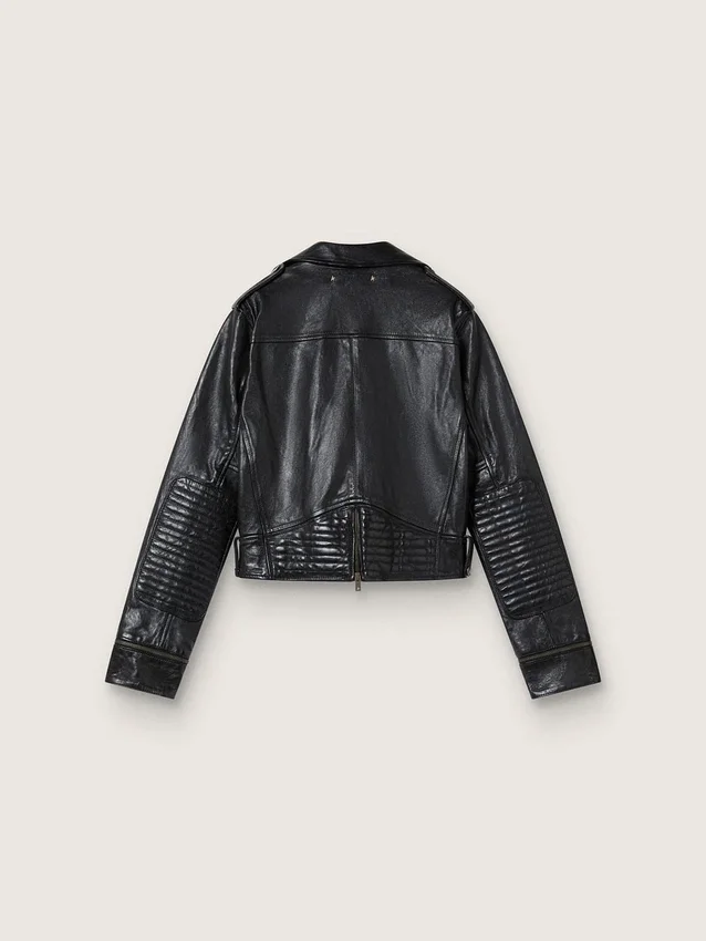 Svart läderjacka i biker-stil för damer med glansig effekt