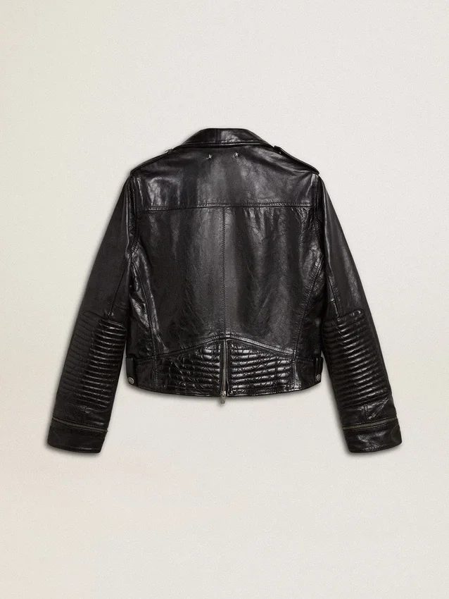 Svart läderjacka i biker-stil för damer med glansig effekt