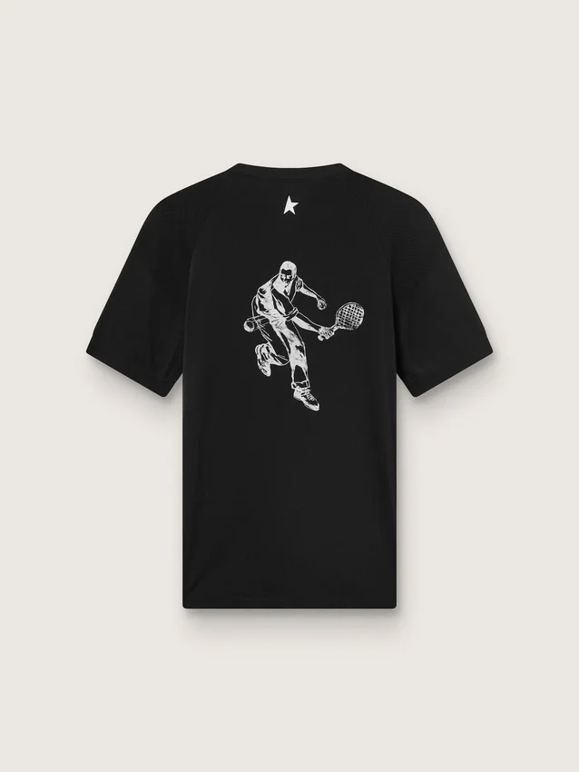 Svart sport-T-shirt för herr med tryck på ryggen