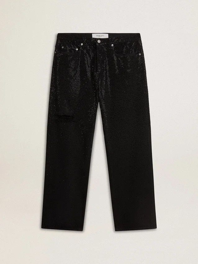 Svarta herrjeans med lös passform och kristaller med gradienteffekt över hela byxan