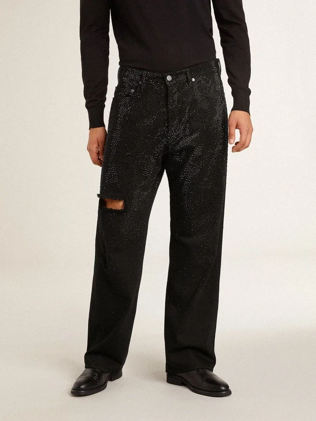 Svarta herrjeans med lös passform och kristaller med gradienteffekt över hela byxan