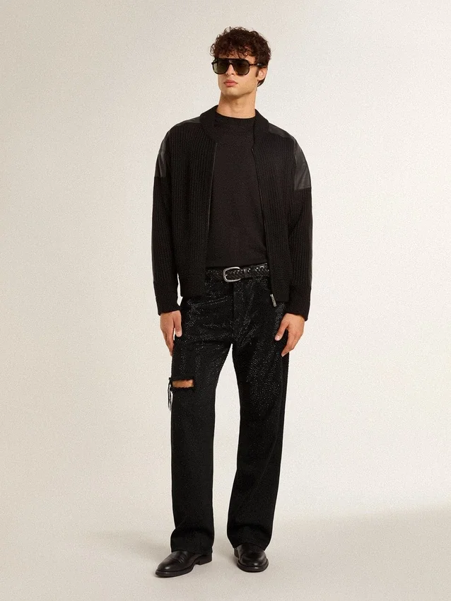 Svarta herrjeans med lös passform och kristaller med gradienteffekt över hela byxan