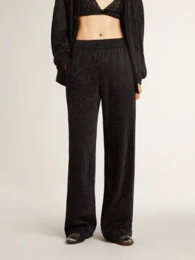 Svarta joggingbyxor för dam med ton-i-ton-mönster i toile de jouy-stil