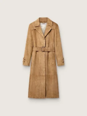 Trenchcoat med bälten för damer i sandfärgat mocka