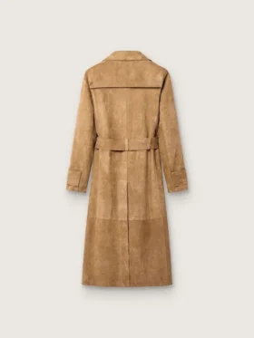 Trenchcoat med bälten för damer i sandfärgat mocka