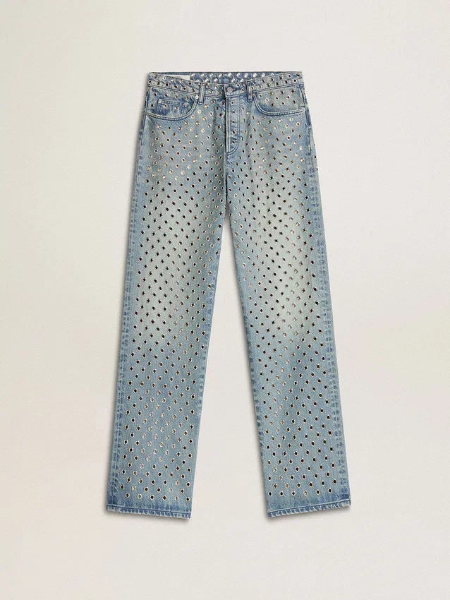 Tvättade damjeans med öglor över hela byxan