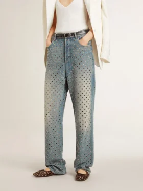 Tvättade damjeans med öglor över hela byxan