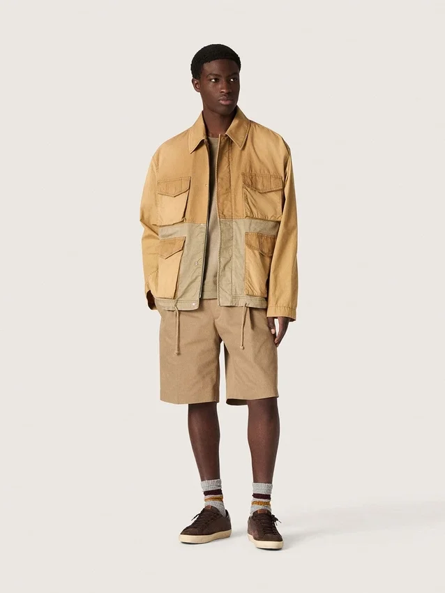 Unisex-safarijacka i beige och militärgrön bomull med stora fickor