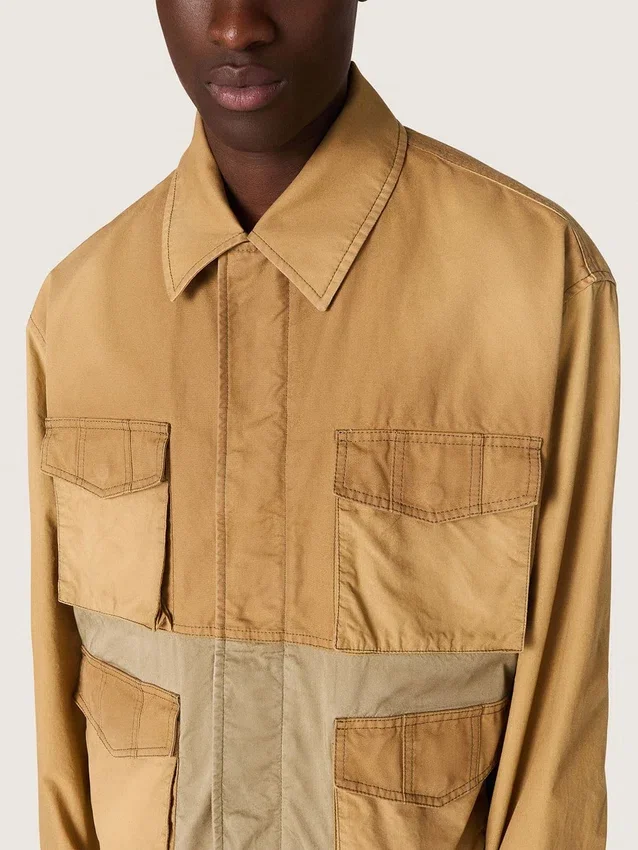 Unisex-safarijacka i beige och militärgrön bomull med stora fickor