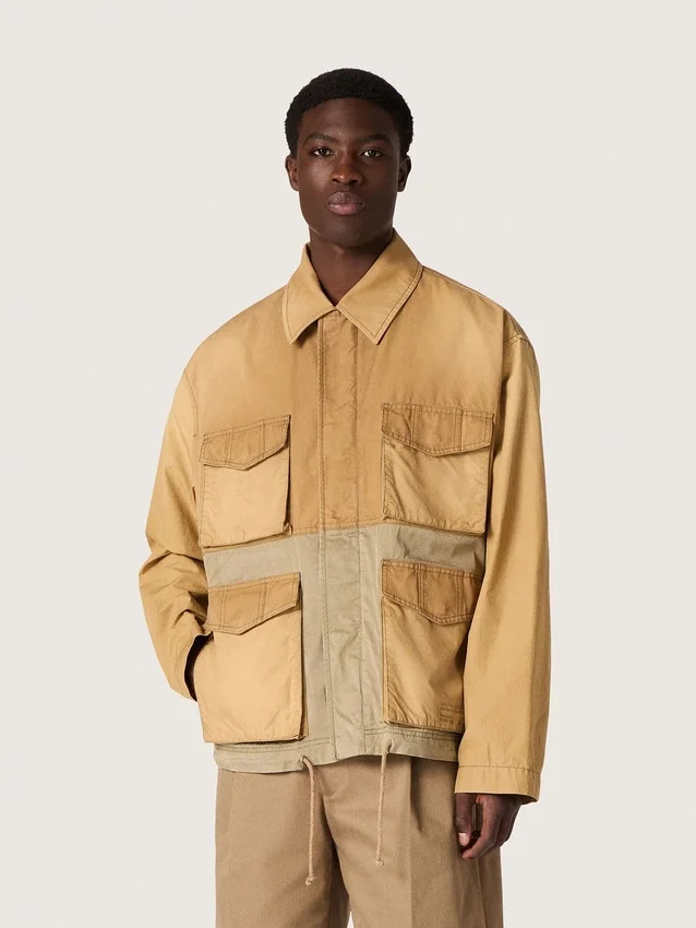 Unisex-safarijacka i beige och militärgrön bomull med stora fickor