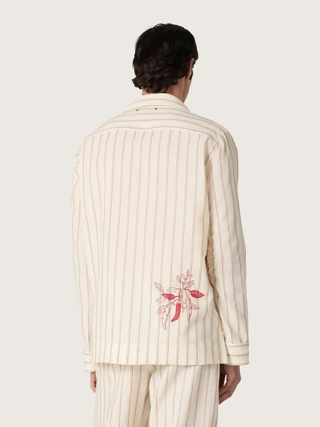 Unisex-skjorta i ecru- och sandrandig bomull och linne med broderi