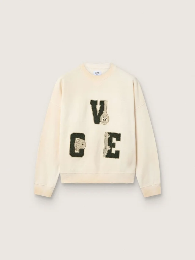 Unisex-sweatshirt i bomull i vintagevitt med broderade VCE-märken