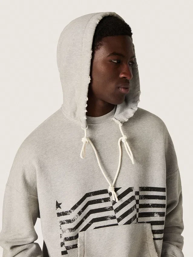 Unisex-sweatshirt med huva i grå bomull med vintageflagga-tryck