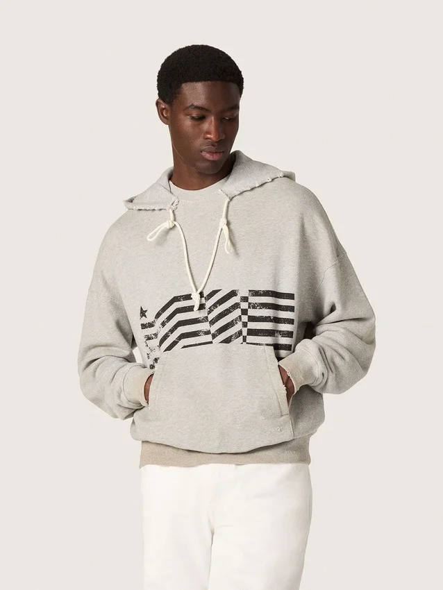 Unisex-sweatshirt med huva i grå bomull med vintageflagga-tryck