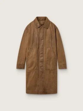 Unisex-trenchcoat i brun vaxad twill med läderdetaljer