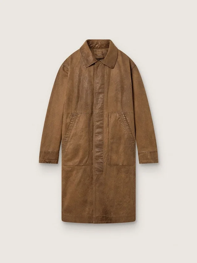 Unisex-trenchcoat i brun vaxad twill med läderdetaljer