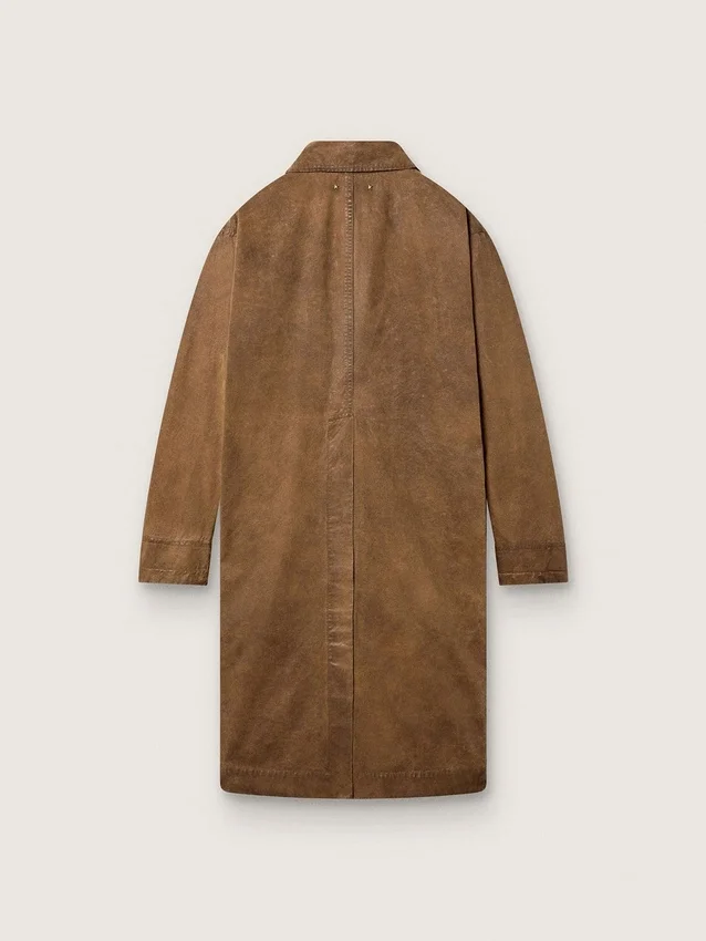 Unisex-trenchcoat i brun vaxad twill med läderdetaljer