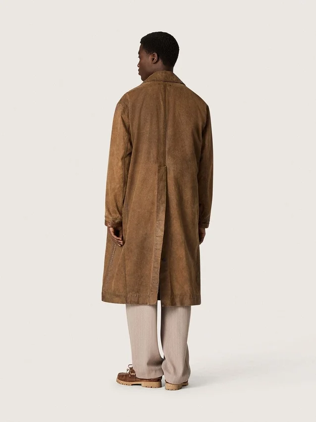 Unisex-trenchcoat i brun vaxad twill med läderdetaljer