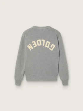 Unisex-tröja för barn i grå melerad ribbstickning med logotyp på ryggen
